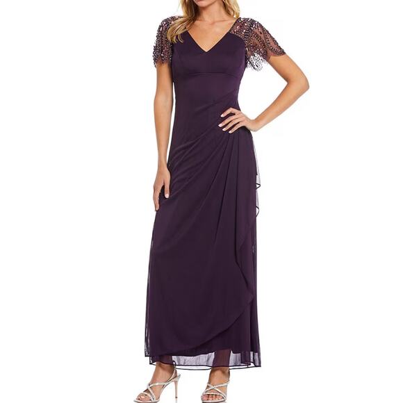 Xcape Beaded Sleeve Cascading Drape V Neck Maxi Dress Size 18W NWT Plum - Picture 1 of 9